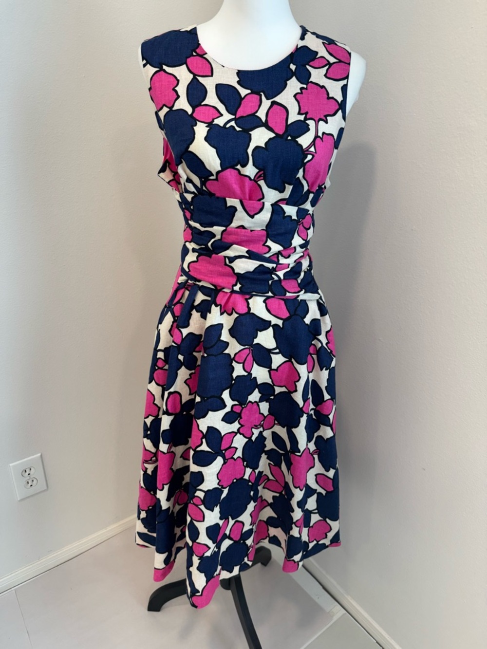 Sleeveless Floral Fit-and-Flare Dress in Pink, Navy & Cream